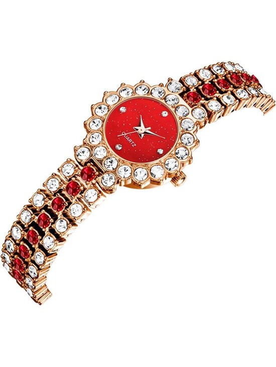 Women\'s Red Analog Quartz Elegant Steel Belt Diamonds Bracelet Set Wrist Watch